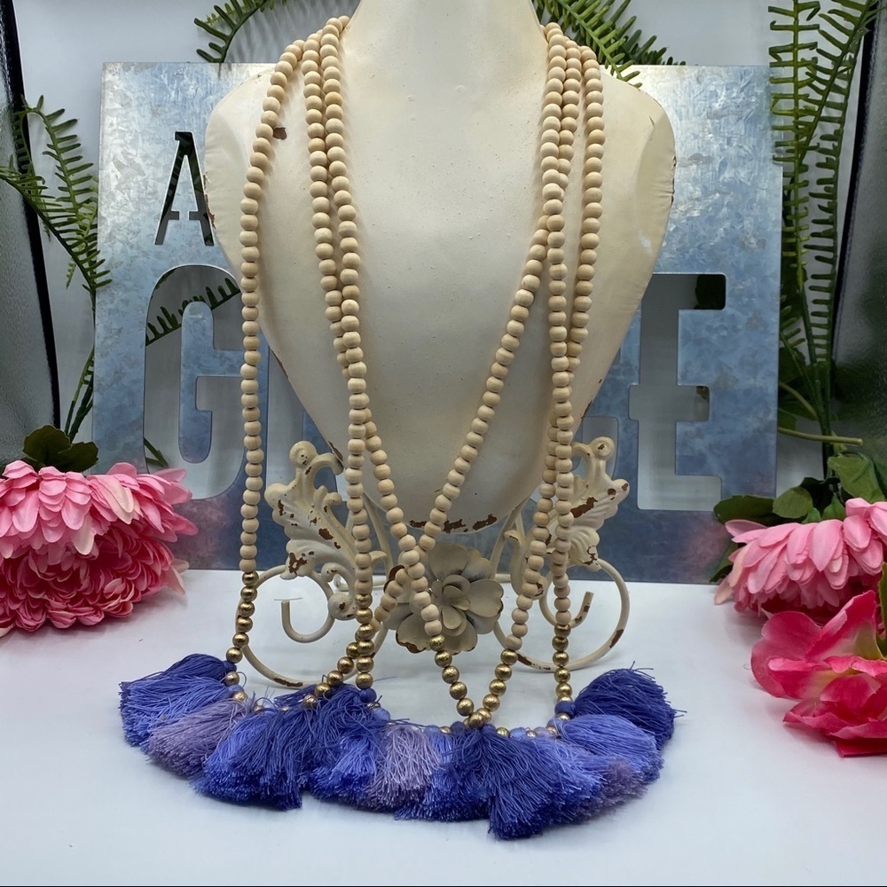 Jane Beige Wood Gold‎ Purple Tassel Necklace